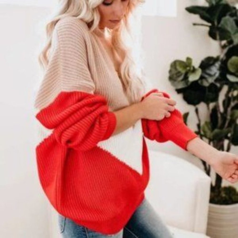 Emerson Beige & Red Oversized Color Block Sweater - Picture 6 of 7